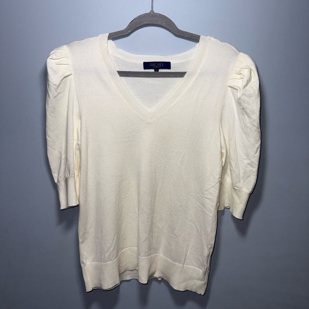 Rachel Roy Women's Cream Soft V-Neck Puff Sleeve Sweater Size Small EUC